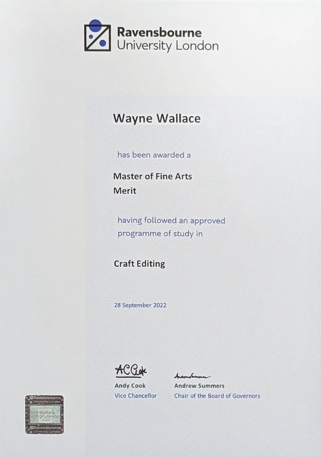MFA Certification from Ravensbourne University London